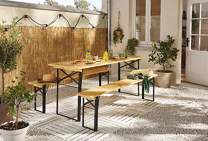 Table de jardin Bistro pliante 60 x 180 cm+ 2 bancs pliants 25 x 180 cm