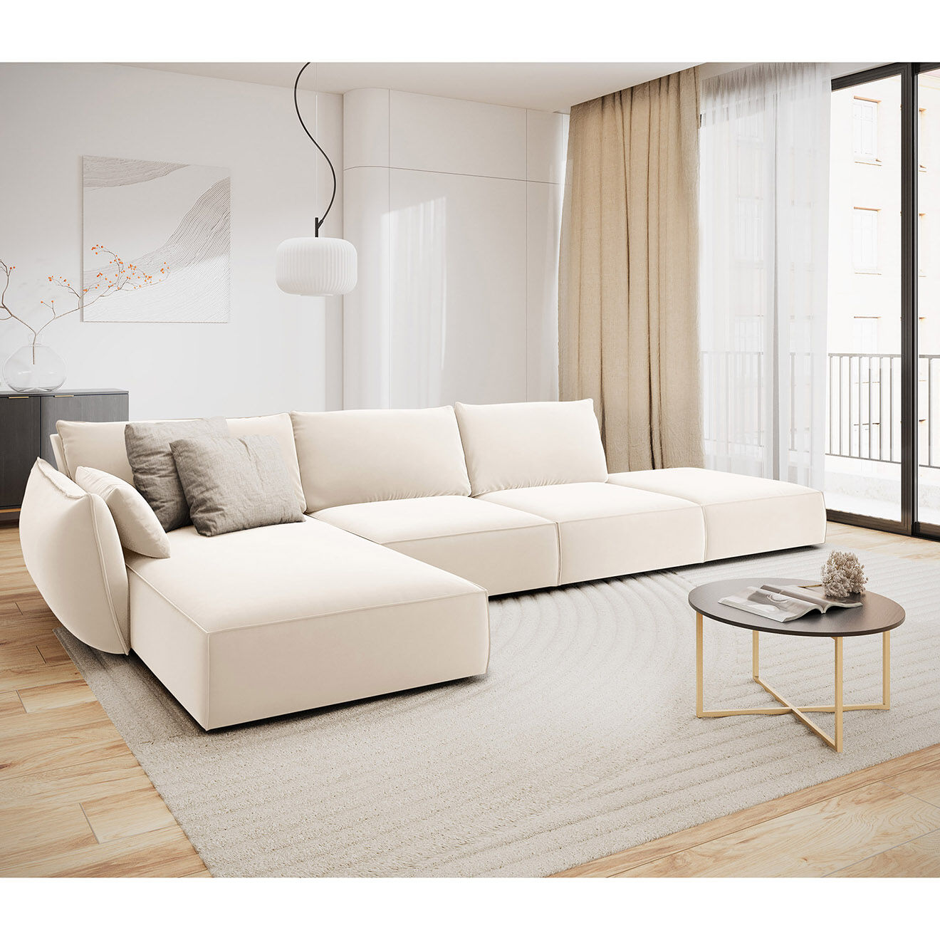 Mazzini Sofas Canapé d'angle gauche Velours Vanda 5 Places beige clair - 386x166x85 cm
