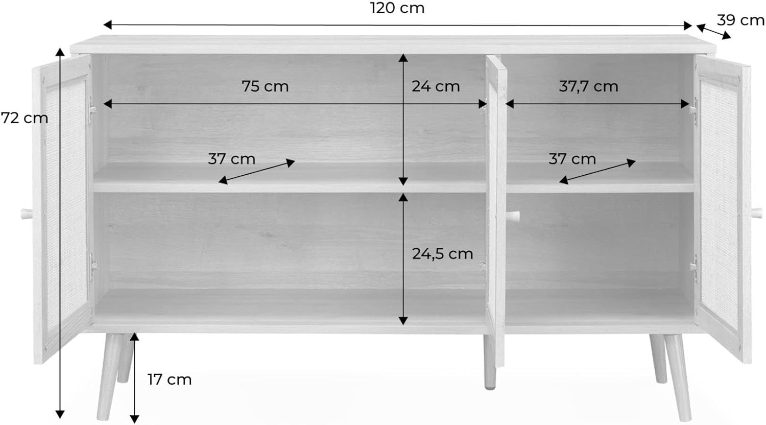 Alice's Home Sideboard mit Rattangeflecht 120 x 39 x 70 cm - 2 Ebenen - 3 Türen - Skandinavische Möbelbeine