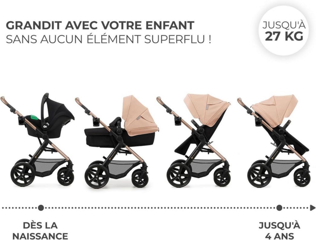 Poussette 3-en-1 Kinderkraft MOOV2, système de voyage de la naissance à 27 kg, siège auto Mink PRO I-Size inclus, pare-soleil extensible avec filtre UPF50+, accessoires pratiques, gris