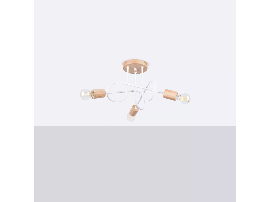 Lustre Ember minimaliste en acier/bois - 3 sources lumineuses - L.14 x H.26 cm - blanc/bois naturel