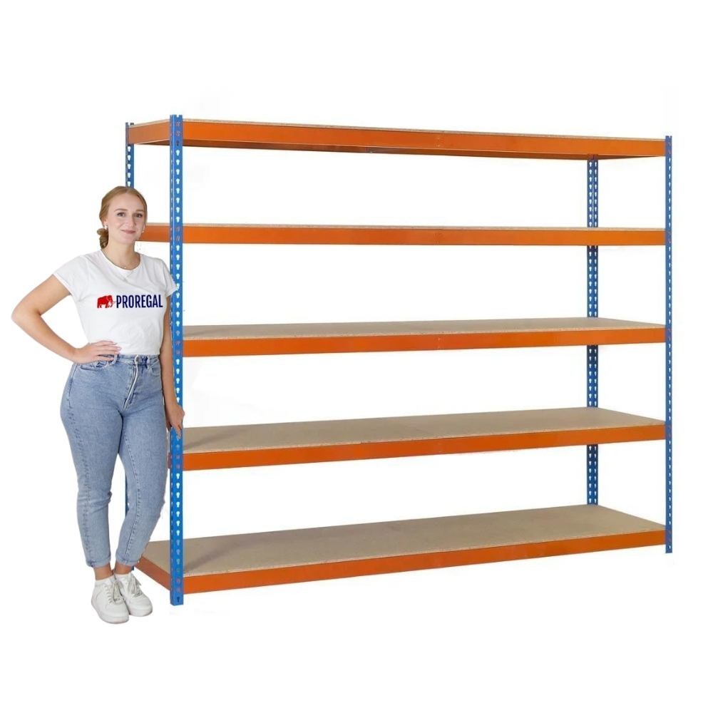 PROREGAL Heavy-Duty Stellingkast Big Wood Yeti Five HxBxD 200 x 180 x 45 cm Plankdraagvermogen 400 kg Blauw-Oranje