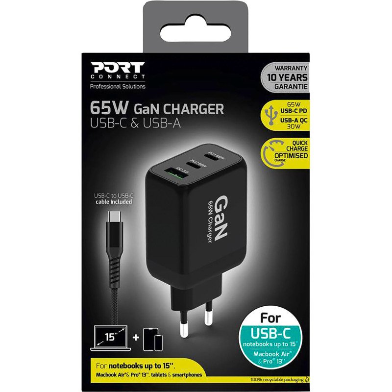 Chargeur adaptateur secteur GaN 65W USB-C & USB-A PORT + câble de 2 m inclus