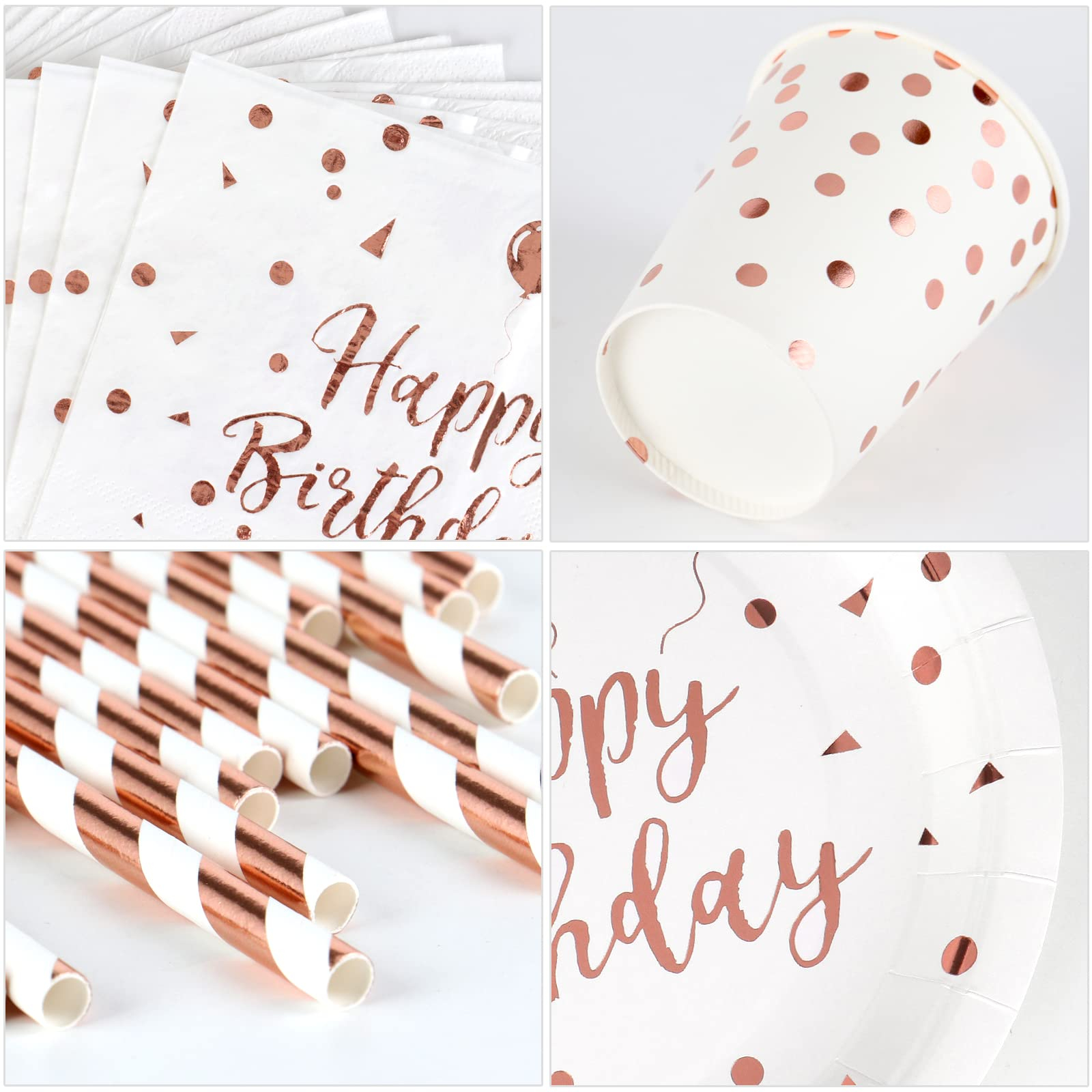 (100-tlg. Set) Happy Birthday Einweg Geschirr Geburtstags Party Tisch Deko inkl. Teller / Strohhalm / Servietten / Papp Becher - Weiss / Roségold
