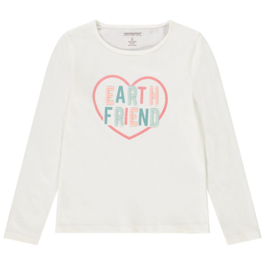T-shirt manches longues en coton IC* print et lettres brodées pour fille - Ecru