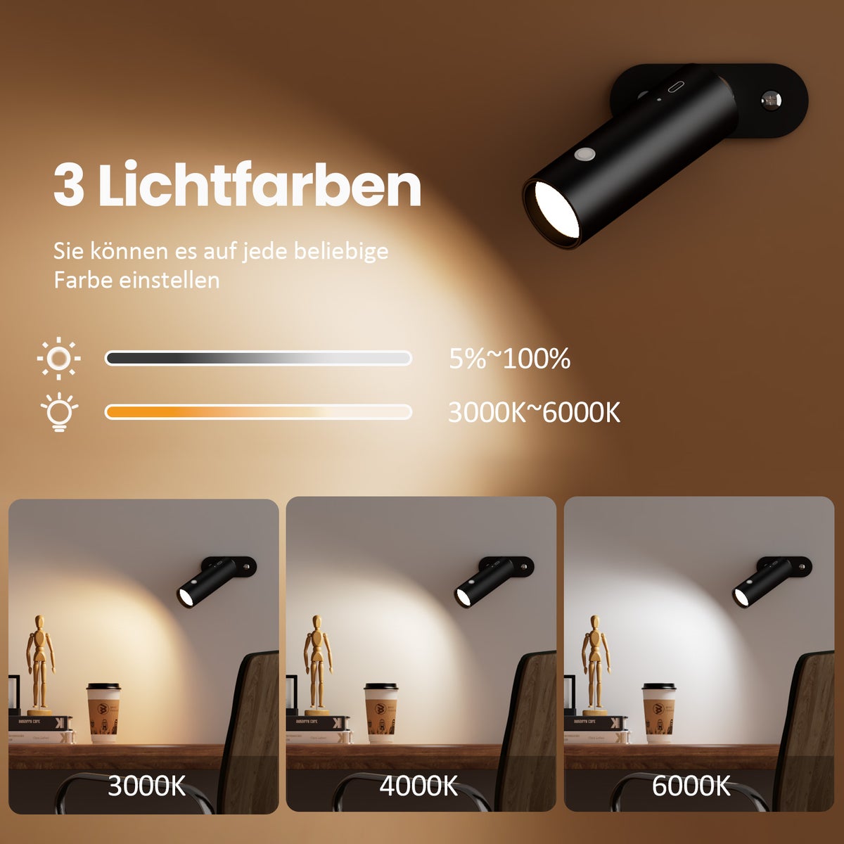EMKE 6-in-1 LED-tafellamp, draadloos, oplaadbaar en dimbaar, aanraakbediening, 3 kleurmodi, 360° verstelbare magnetische wandlamp, USB-C, IP20, zwart - ideaal voor gebruik binnen en buiten