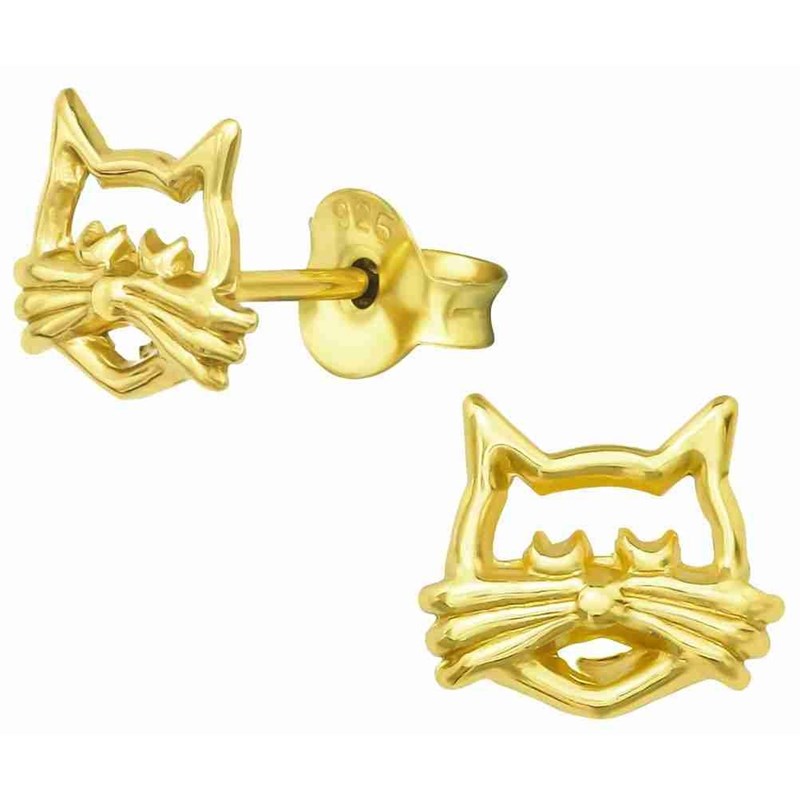 Boucle d'oreille Monsieur chat moustache dorée en argent 925/1000