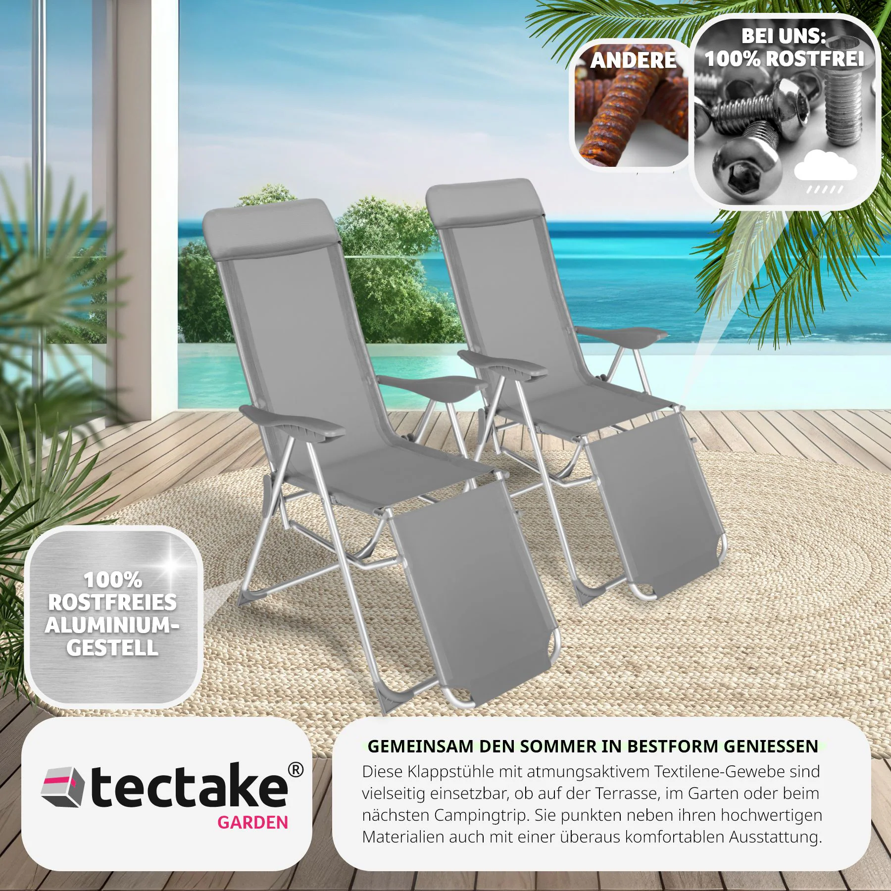 tectake® 2er Set Gartenstuhl, klappbar, 5-fach verstellbare Rückenlehne mit Kopfpolster, bewegliches Fußteil, 146,5 x 59 x 117,5 cm