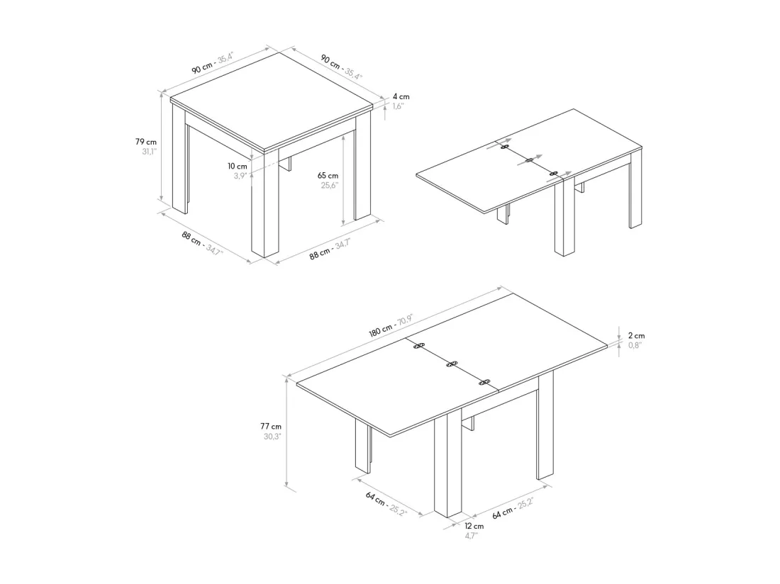 Table en bois finition chêne, base blanche extensible 90×90-180×90cm - LIPARI