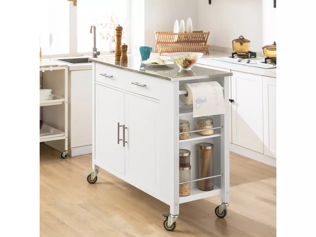 Desserte Roulante Chariot De Cuisine Avec Etagère Latérale, Portes Et Tiroirs, Fkw108-w