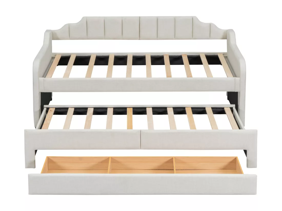 Lit gigogne 90x200+90x190cm, lit d'enfant capitonné avec caisson à roulettes, tiroirs, canapé-lit, beige