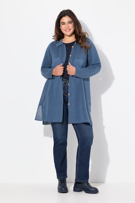 Strickjacke, A-Linie, Hemdkragen, lange Seitenschlitze