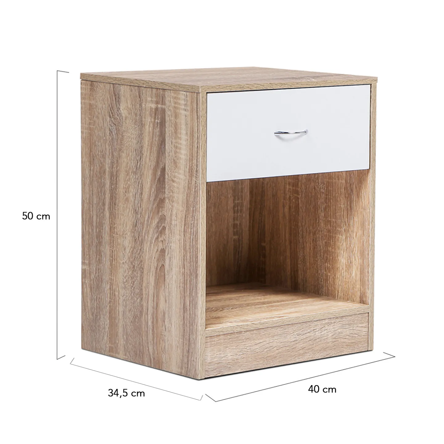 Lot de 2 tables de chevet OLGA 1 tiroir avec niche bois façon hêtre et tiroir blanc