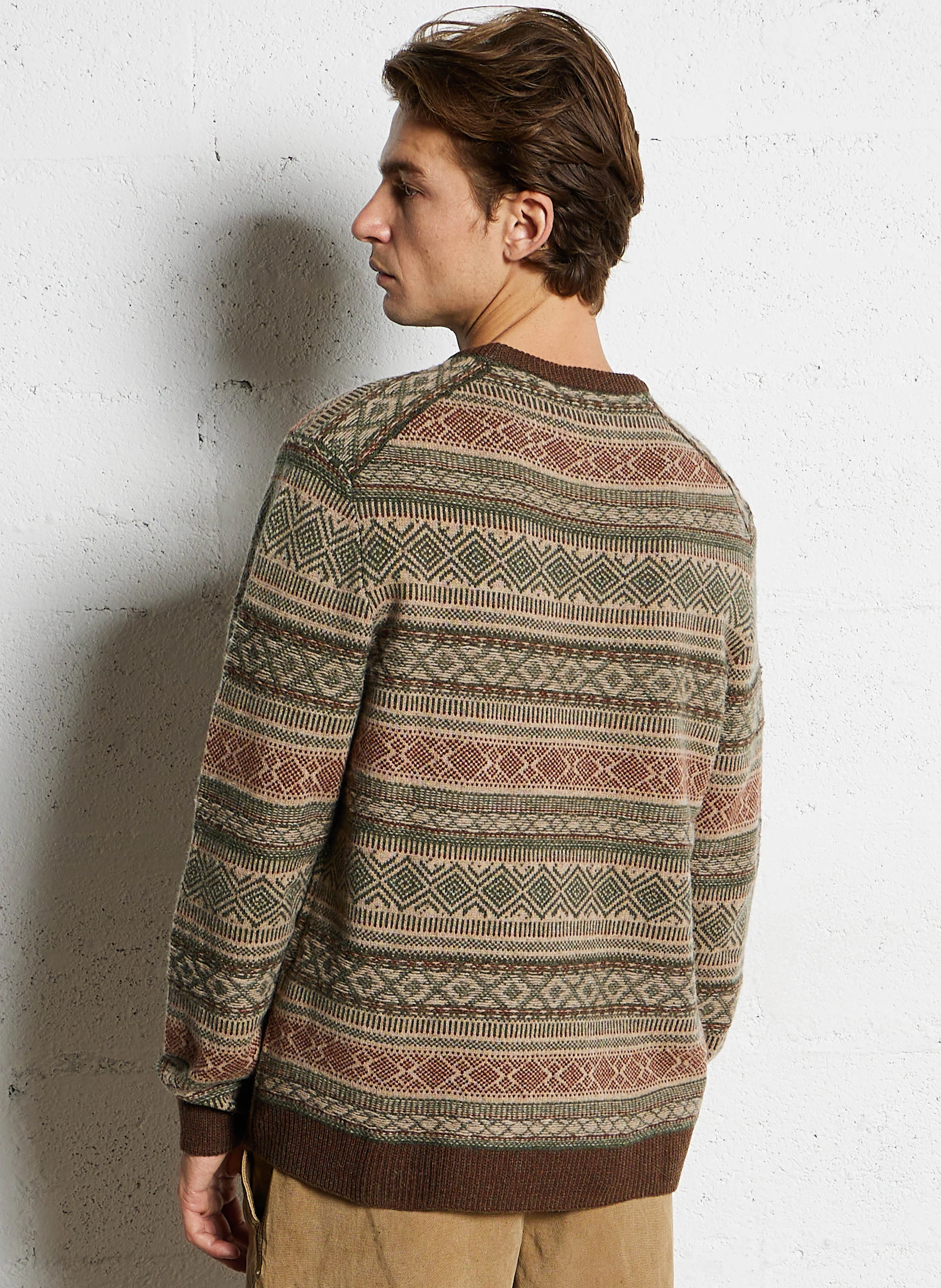 Pull regular-fit col rond jacquard en laine mérinos | Vert