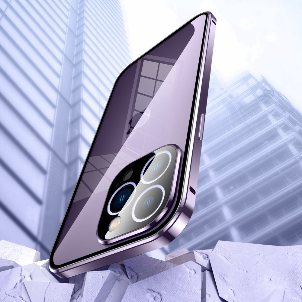 iPhone 14 Pro Magnetische Alu Schutzhülle mit Panzer Glas Backcover   Display- / Kameraglasschutz (Magnet-Technologie) - Dunkellila (Deep Purple)