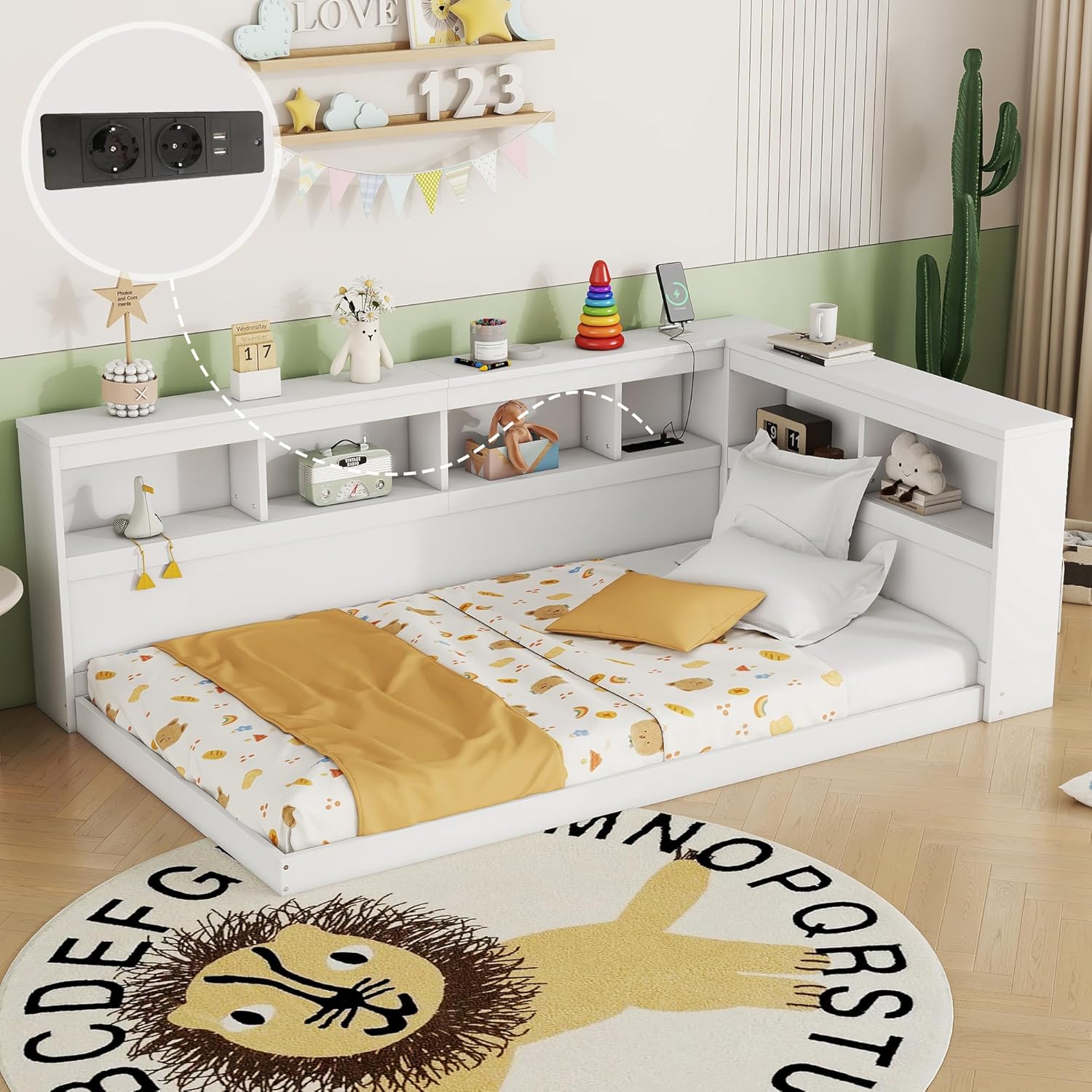 Daybett Einzelbett Bett 90x200 cm Kinderbett, Tagesbett Bodenbett mit Stauraum Regale & Ladebuchse, Holzbett Jugendbett Funktionsbett, Bettgestell mit Lattenrost, Ohne Matratze (Weiß)