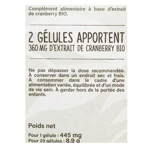 Nutrisanté Cranberry Orgânico Nutri'Sentiels 20 cápsulas