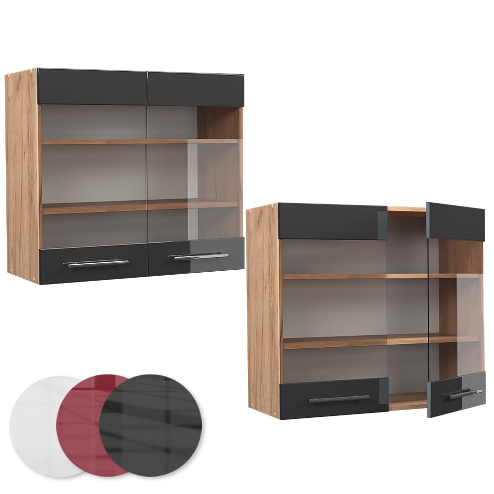 Vicco Hängeglasschrank Küchenschrank Küchenmöbel Fame-Line Eiche Anthrazit modern 80 cm Küche Einbauküche Hängeschrank Glasschrank Drehtür Einlegeboden Küchenzeile Hochglanz