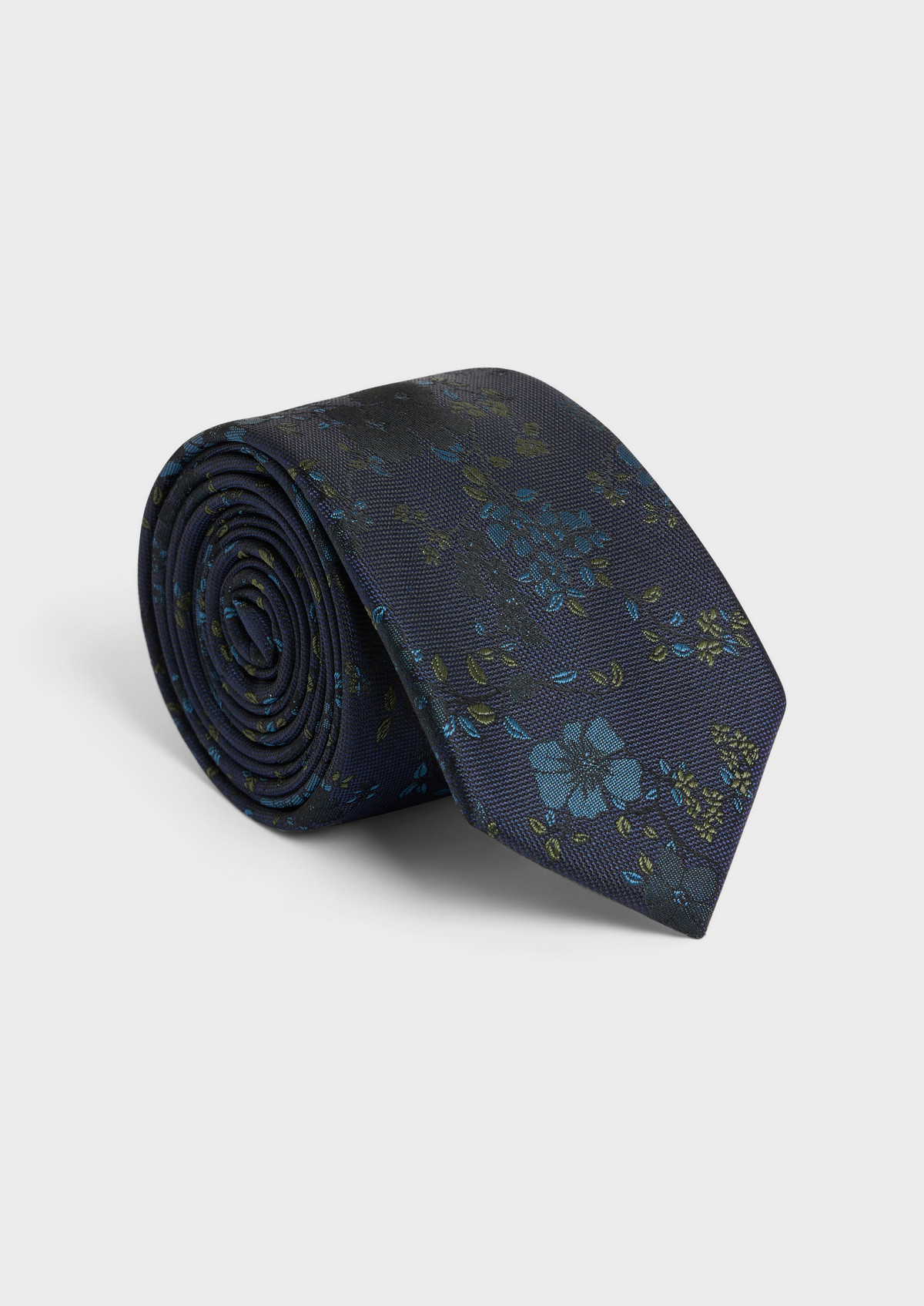 Cravate large en soie mélangée bleu à motif fleuri bleu prusse et kaki