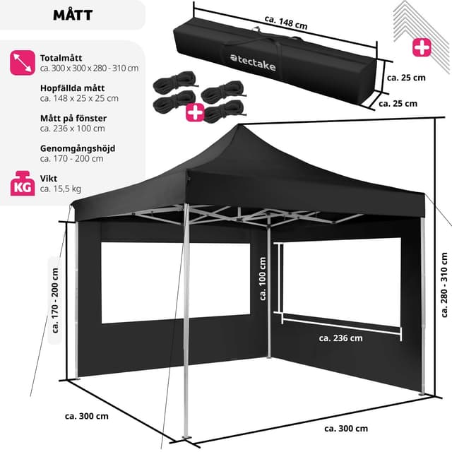 Easy up pavillon Olivia 3x3 m med 2 sidestykker