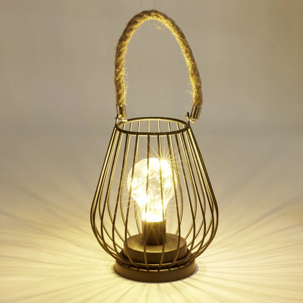 Lanterne LED ajourée métal noir poignée jute Ø15xH18cm