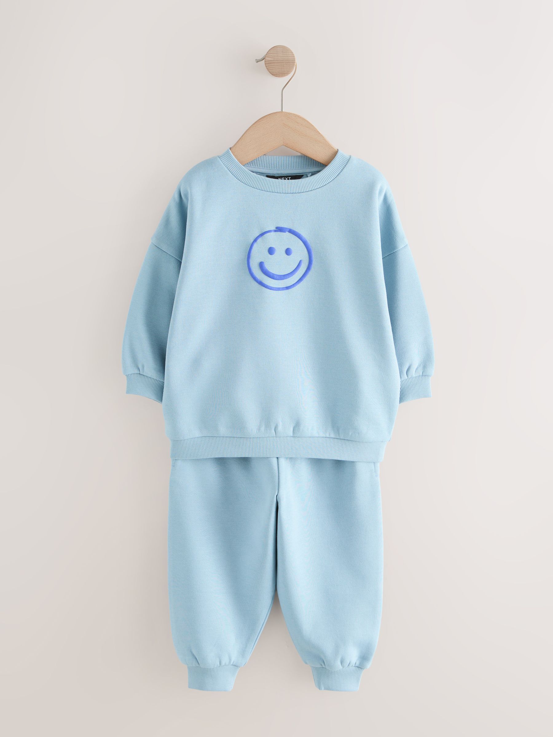 Chocoladebruin en blauw - Bedrukte set van sweater met ronde hals en joggingbroek (3mnd-7jr)