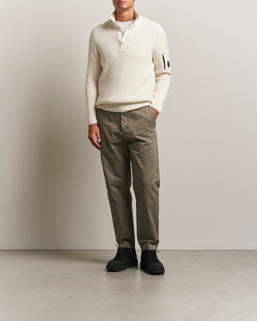 C.P. Company Full Rib Knitted Cotton Half Button White
