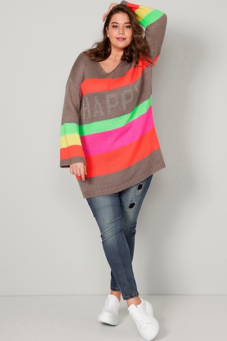 Long-Pullover, oversized, Blockstreifen, Glitzer-Schriftzug, V-Ausschnitt