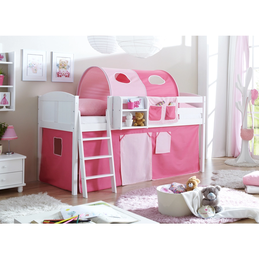 TICAA Hochbett Eric Country Kiefer Weiß Classic Rosa-Pink