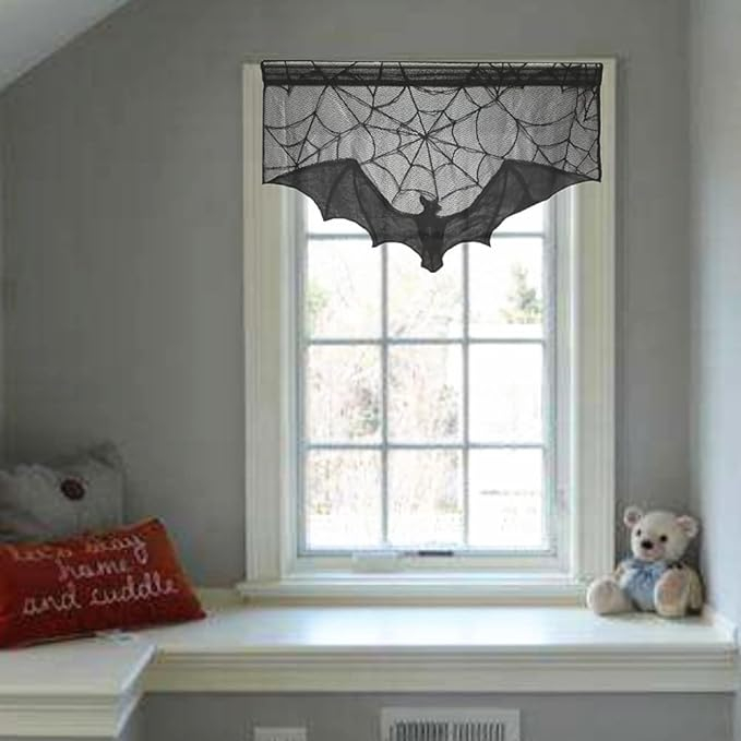 (93x57cm) Spinnen Netz Tuch Gardine Halloween Türvorhang Deko Kaminschal - Fledermaus
