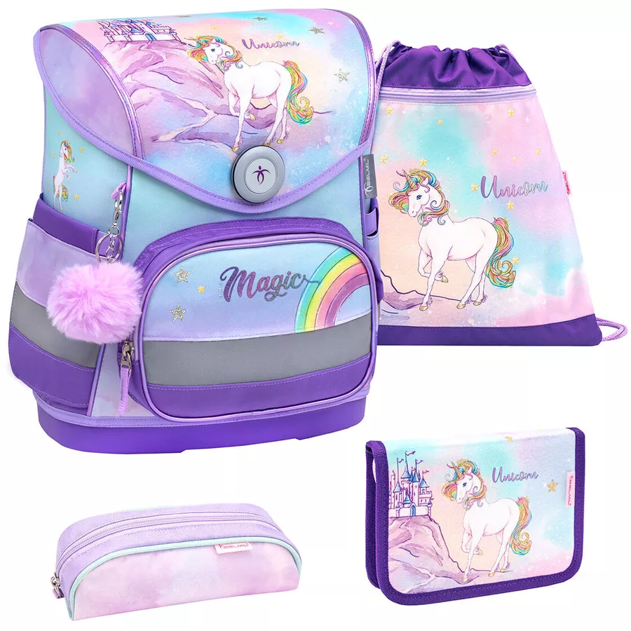Belmil Schulranzen Compact Schulranzen Set 4-teilig mit Brustgurt Rainbow Unicorn Magic