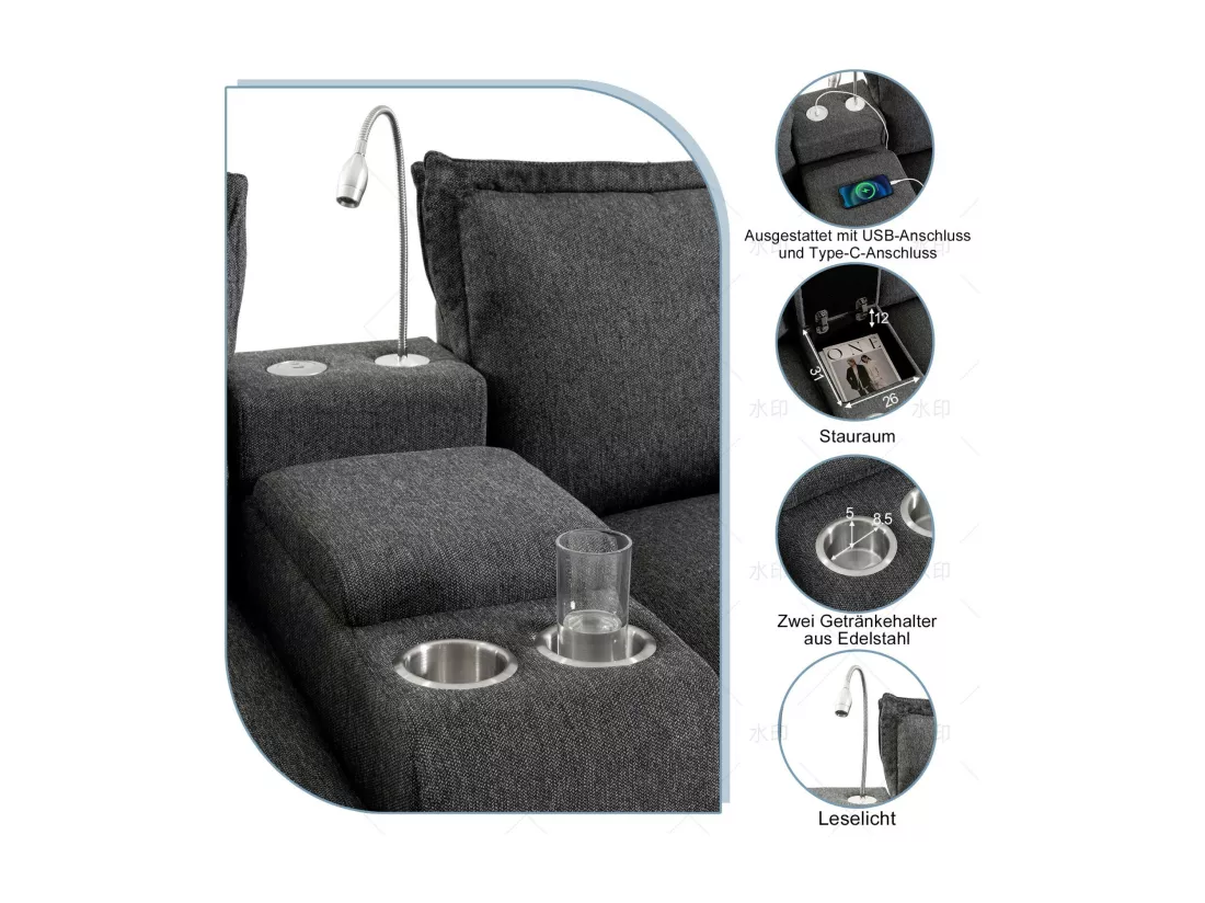 Canapé 3 places en tissu chenille avec pouf, ports USB, 2 porte-gobelets et lampe de lecture, 248x154x84cm, Gris