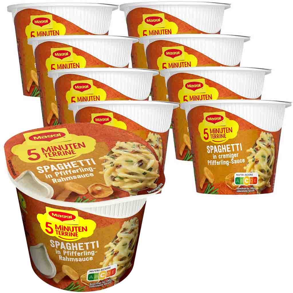 8x Maggi 5 Minuten Terrine Spaghetti in Pfifferling Rahm Sauce á 54=432g MHD:30.10.25