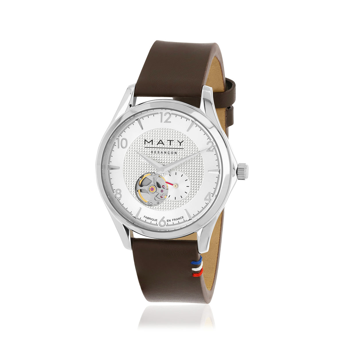 Montre homme coeur ouvert automatique acier bracelet cuir marron