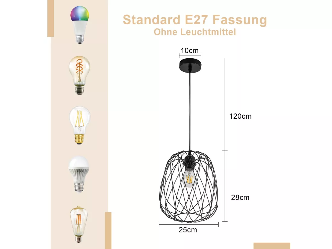 NETTLIFE Suspension Table à manger Suspension Vintage - Suspension E27 Plafonnier Suspension Métal Noir Ronde Suspension