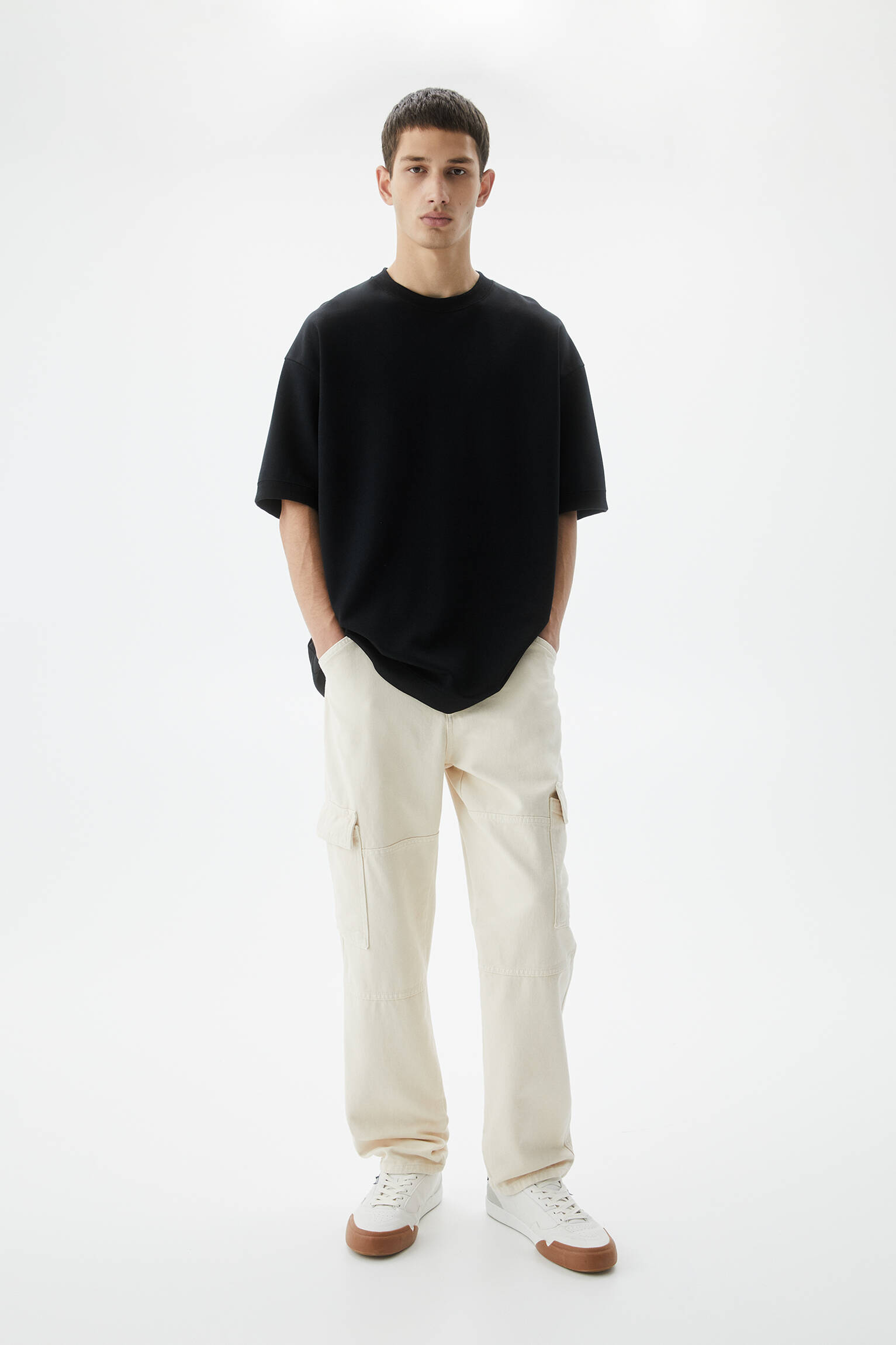 Calça cargo de perna larga - cor natural
