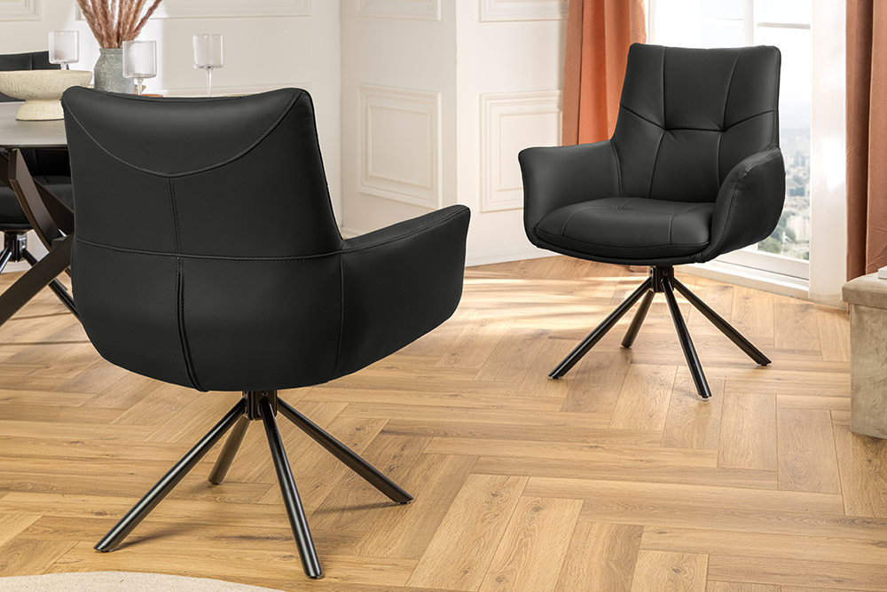 Drehbarer Design Stuhl SIGNATURE schwarz Echtleder 360° Taschenfederkern Metall