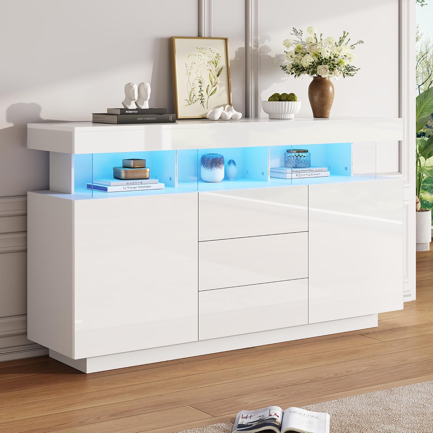 Kayan Kommode, Hochglanz Sideboard mit 2 Türen, 3 Schubladen und 3 offenes Regal, 16-Farbigem LED Beleuchtung, Mehrzweckschrank für Wohnzimmer und Schlafzimmer, 140 x 35 x 80 cm, Weiß