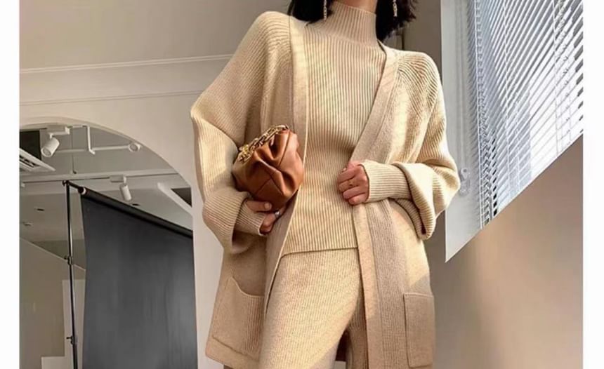 Cossita - Set: Top met lange mouwen en mockneck, gebreide top + wijd uitlopende broek + effen vest