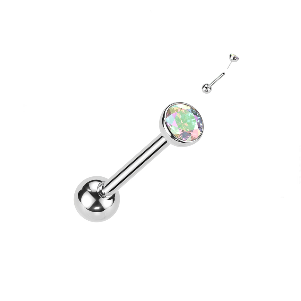 (16mm) Barbell G23 Titan Zungenpiercing mit Gewindeverschluss Strass Stein - Silber (Irisierend)