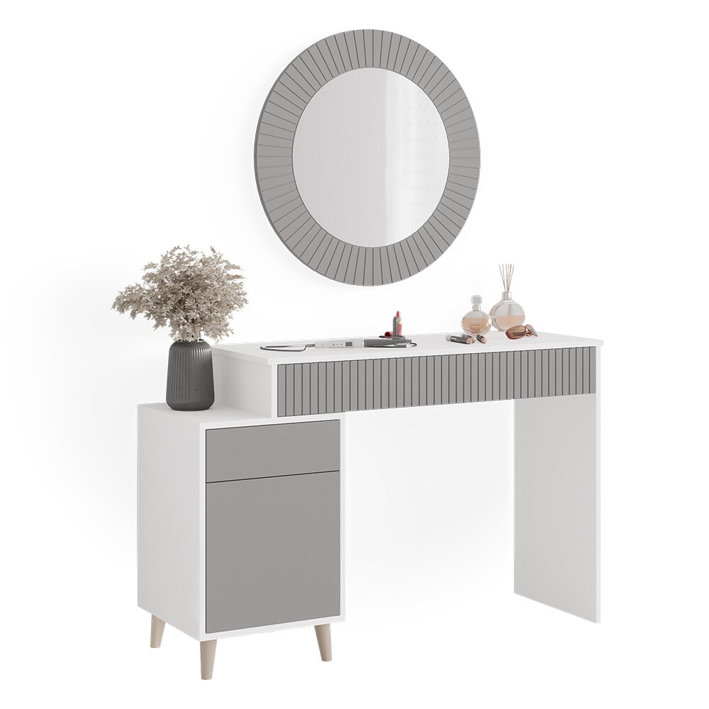 Vicco Schminktisch Frisiertisch Kosmetiktisch Arles Weiß Hellgrau Schminkspiegel 120x77 cm Skandi Schlafzimmerkommode Schminkkommode Schublade Ablage Aufbewahrung Frisierkommode Make-Up-Tisch