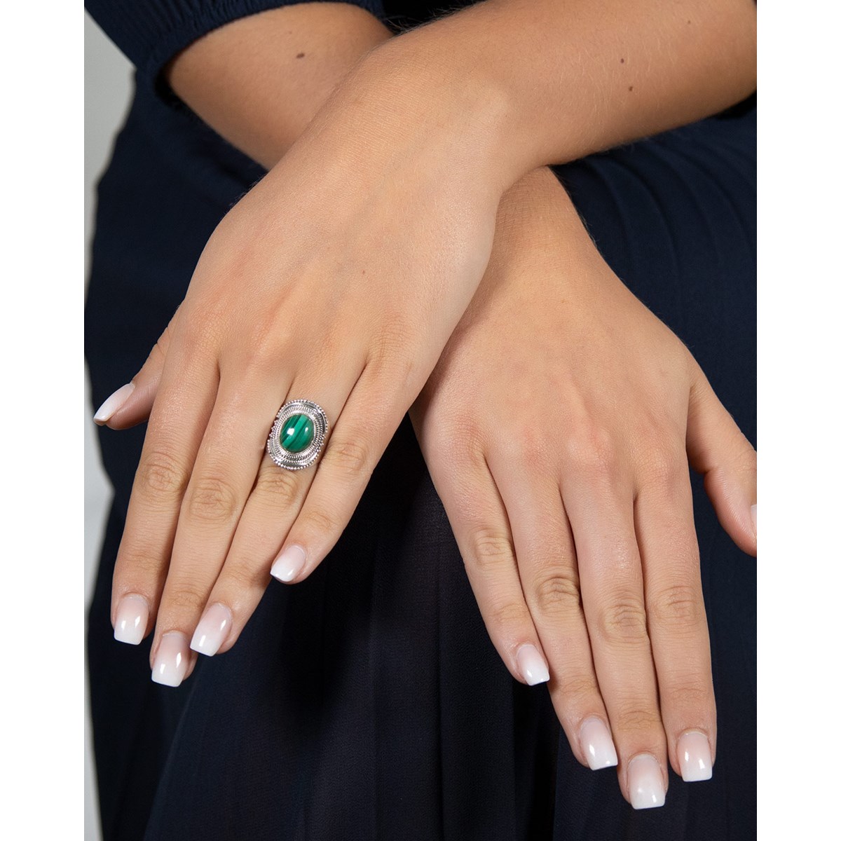 Bague en Argent Massif 925 avec Pierre Malachite Ovale - Bijou Fait Main | Aden
