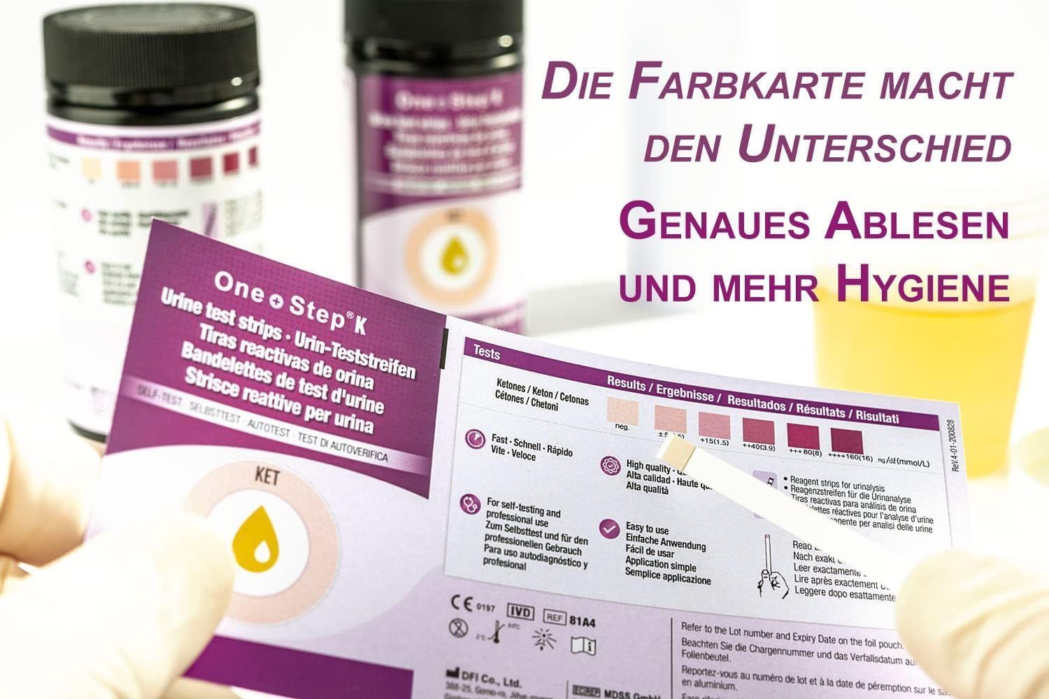 One+Step Keton Teststreifen + Referenzfarbkarte - Urintest - Ketose - ketogene Diät