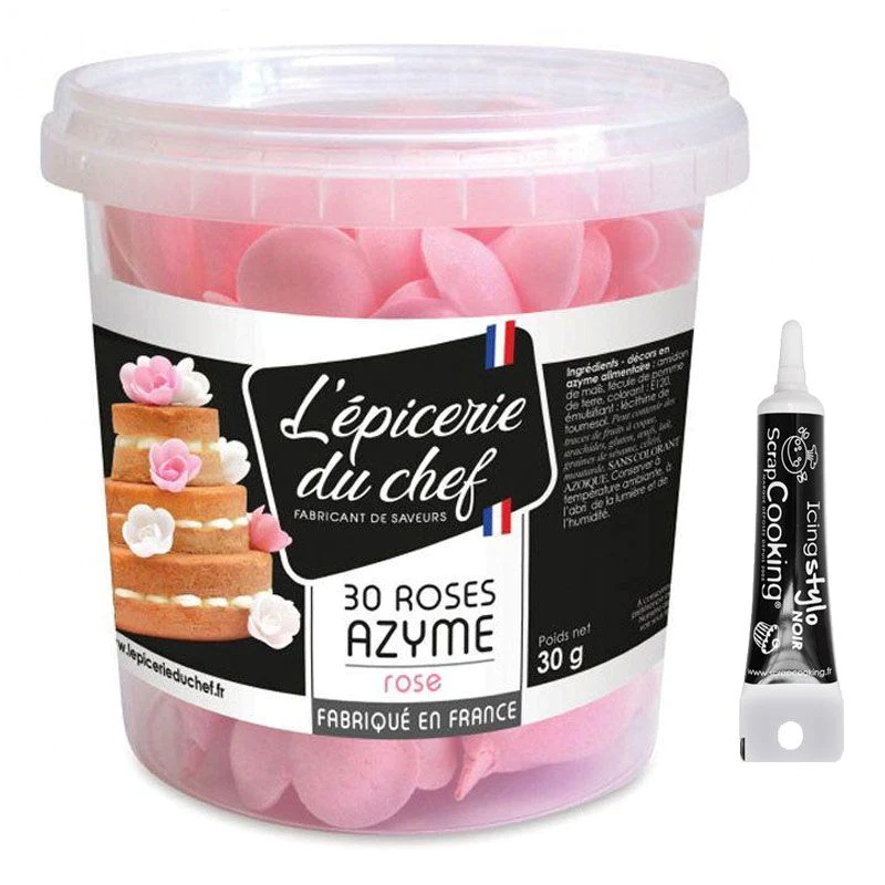 30 roses rose en papier azyme + Stylo de glaçage noir Scrapcooking