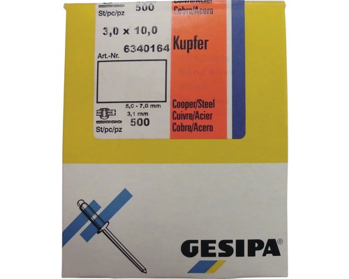 Gesipa koperen blindklinknagels Ø 3x10 mm, verpakking van 500 stuks