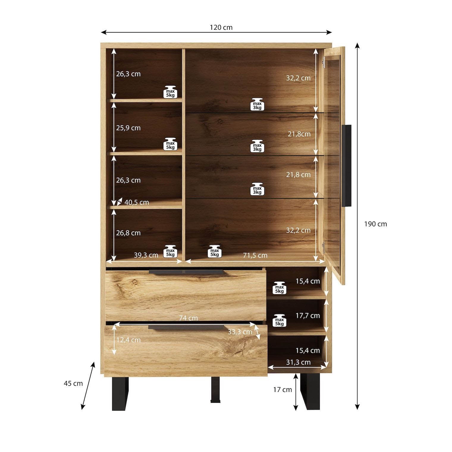 Harlow - Vitrinekast - Eiken/zwart - 120x45x190 cm