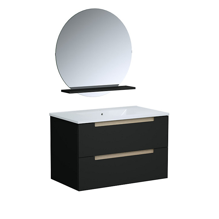 Ensemble meuble de salle de bains à suspendre l.80 cm noir mat avec plan vasque céramique + miroir, Prizo