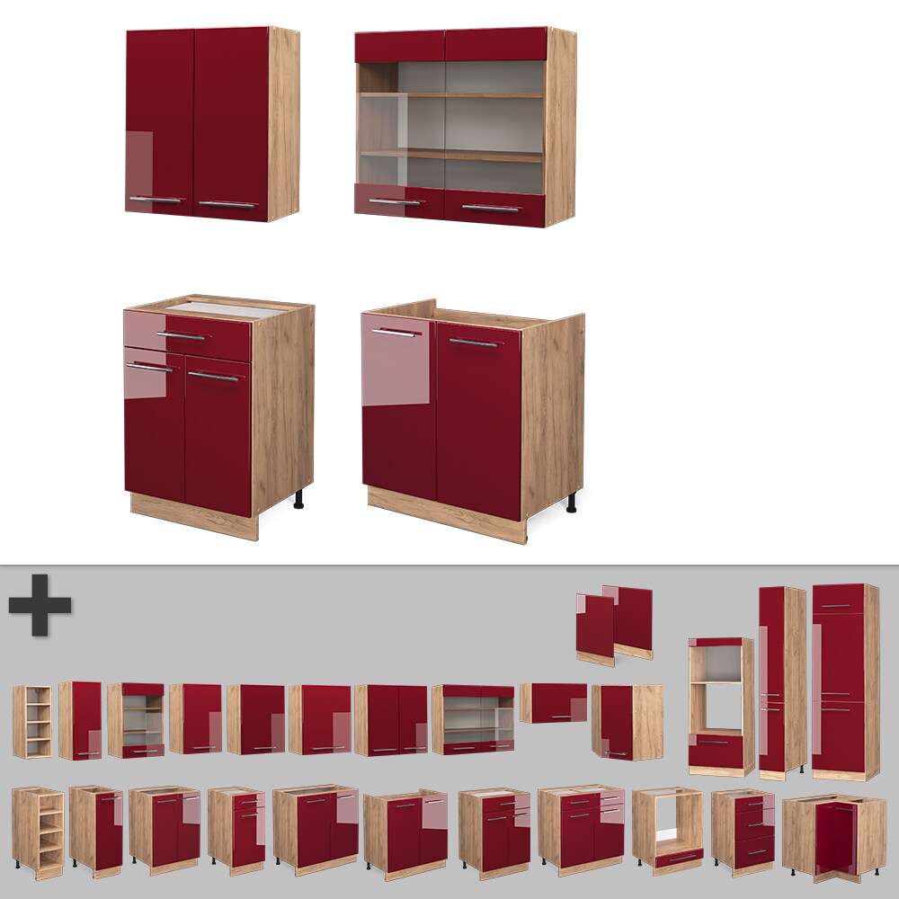 Vicco Küchenzeile Küchenblock Einbauküche Fame-Line Single Eiche Rot Bordeaux 140 cm modern Küchen Schränke Spülenunterschrank Schubunterschrank Hängeschrank Hängeglasschrank Hochglanz