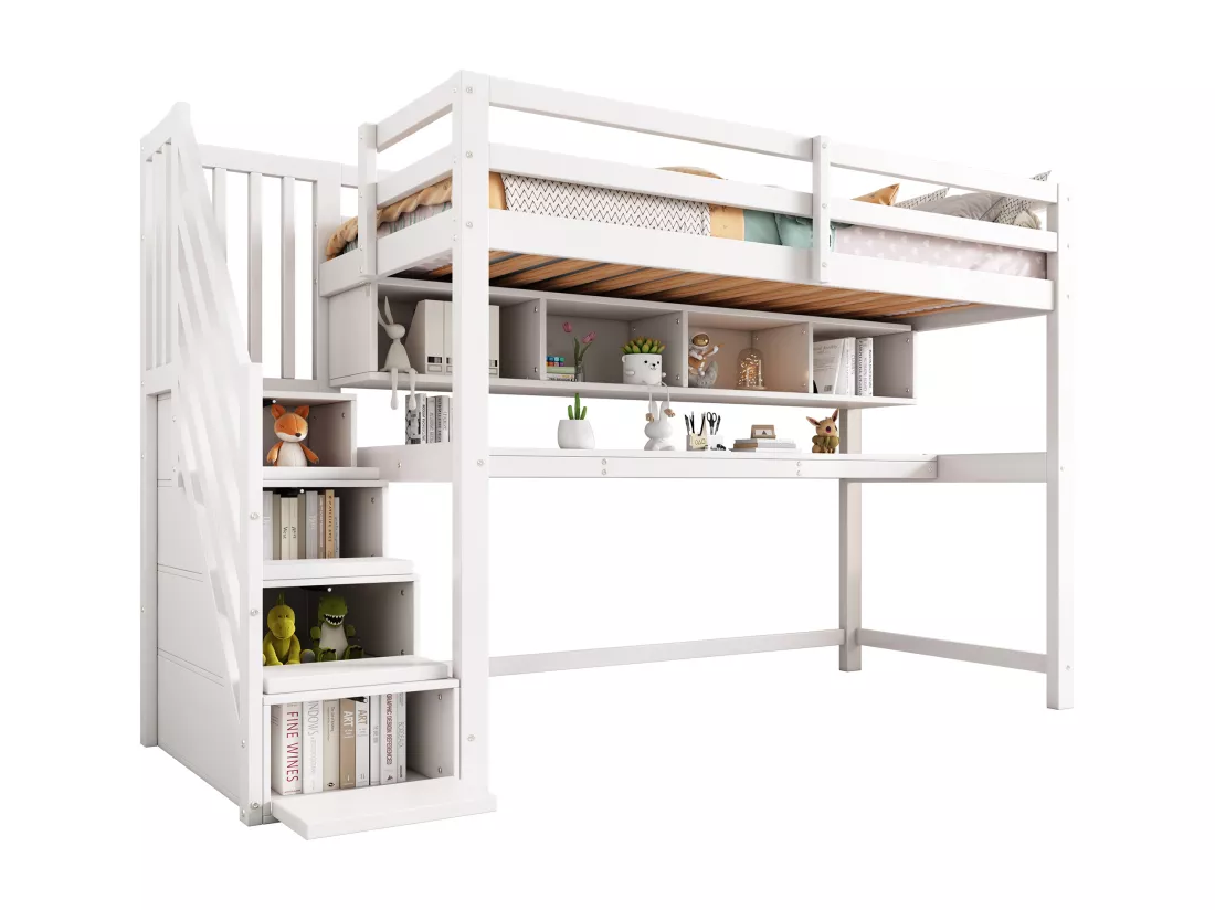 Lit mezzanine en bois - 90x200cm - avec escalier de rangement + bureau + sommier à lattes - Blanc