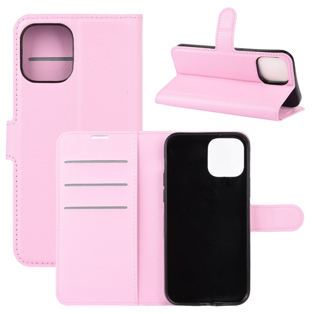 iPhone 12 / iPhone 12 Pro Leder Tasche Flip Cover Litchi Look - Rosa